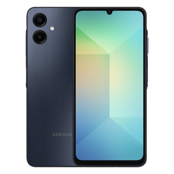 Smartphone Samsung Galaxy A06 en color negro, vista frontal y trasera