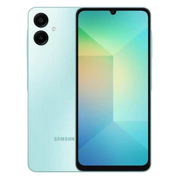Galaxy A06 verde claro mostrando pantalla y cuerpo trasero