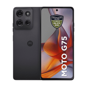 Motorola G75 en color Gris Carbón, resaltando su diseño sobrio y profesional.