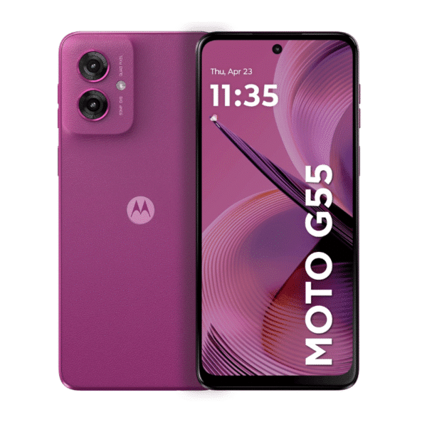 Motorola G55 en color Morado Crepúsculo, acabado vibrante y llamativo