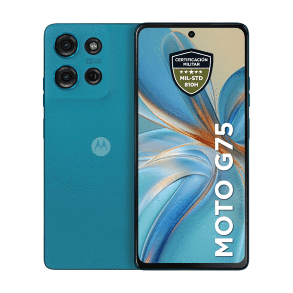 Vista del Motorola G75 en color Azul Agua, mostrando su diseño elegante y acabado brillante.
