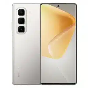 Smartphone Infinix Hot 50 Pro Plus en color gris titanio, vista frontal y trasera, diseño moderno y sofisticado