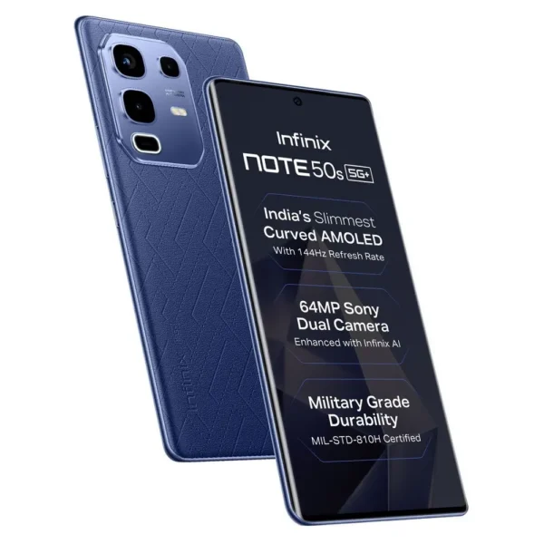 Infinix Note 50S en color Azul Marino visto de frente y reverso