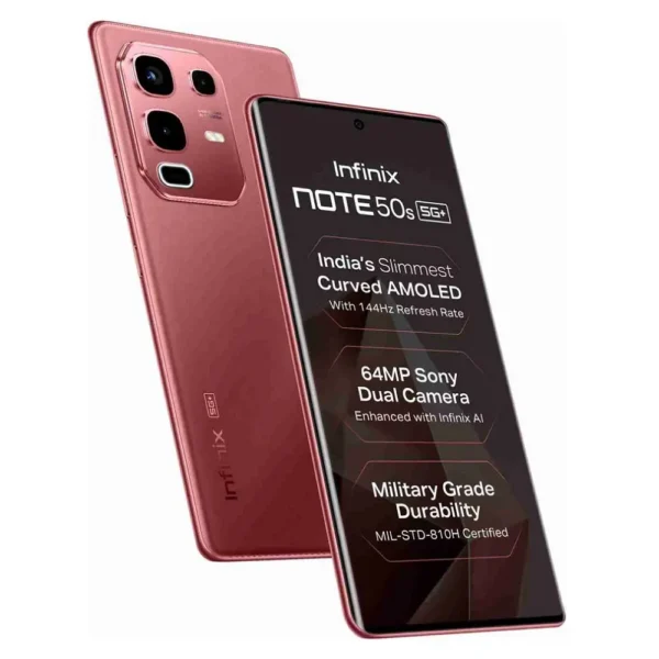 infInix Note 50S en color Rojo Rubí con acabado brillante y detalle de cámaras