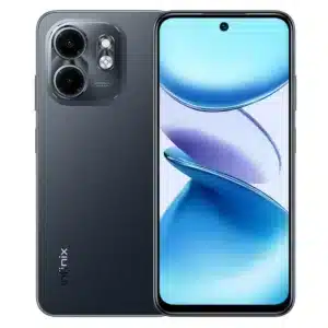 Infinix Smart 9 HD en color negro metálico visto desde el frente y la parte trasera, mostrando su diseño elegante con acabado brillante