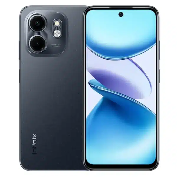 Infinix Smart 9 HD en color negro metálico visto desde el frente y la parte trasera, mostrando su diseño elegante con acabado brillante
