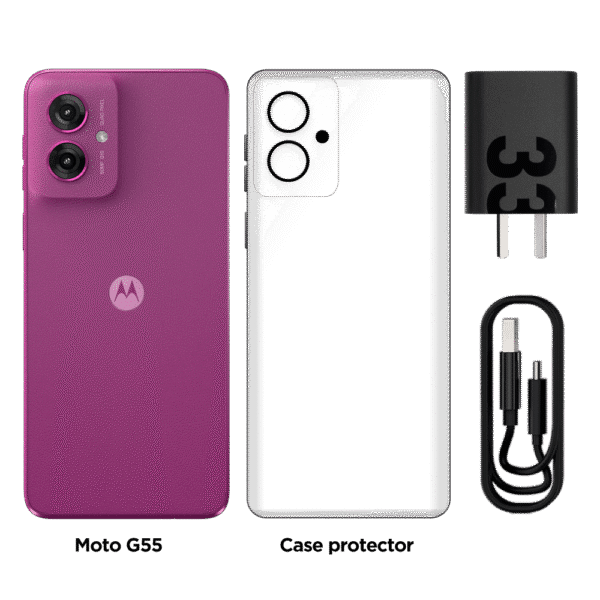 Vista del equipo en color Morado Crepúsculo con los accesorios incluidos