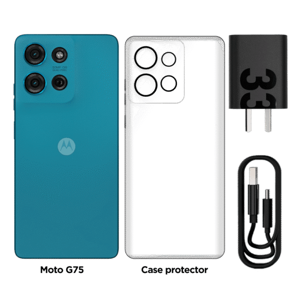 Accesorios incluidos con el Motorola G75: cargador, cable USB, herramienta SIM, funda protectora y manual