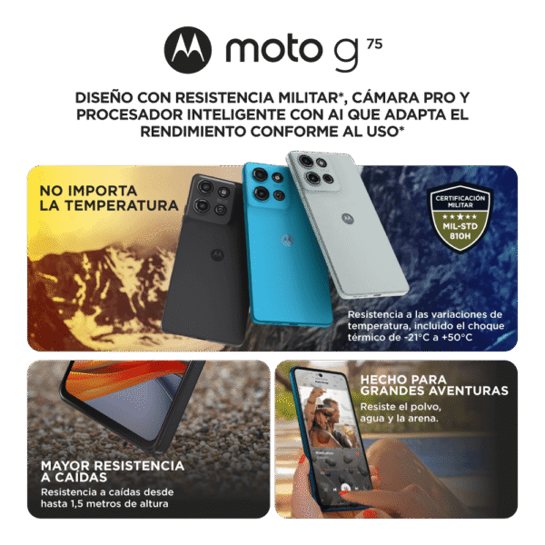 Diseño del Motorola G75 con certificación MIL-STD-810H e IP68 para mayor resistencia.