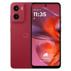 Smartphone Motorola G05 color rojo ciruela vista frontal y trasera