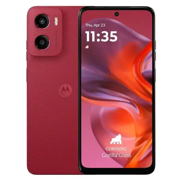 Smartphone Motorola G05 color rojo ciruela vista frontal y trasera