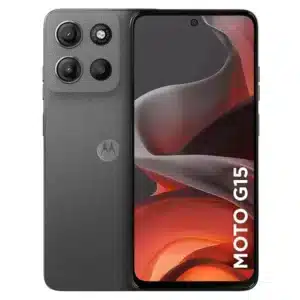 Motorola G15 en color Gris Gravedad, vista frontal y posterior del diseño elegante.