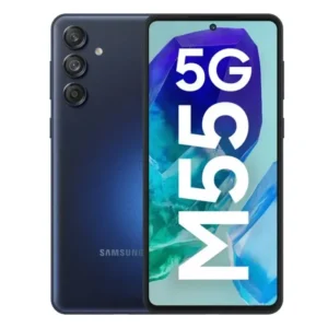 Samsung Galaxy M55 5G en color negro, vista frontal y trasera del equipo.