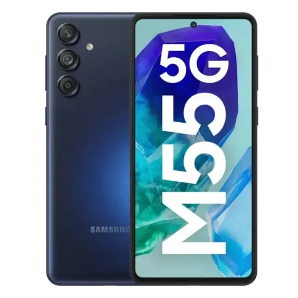 Samsung Galaxy M55 5G en color negro, vista frontal y trasera del equipo.