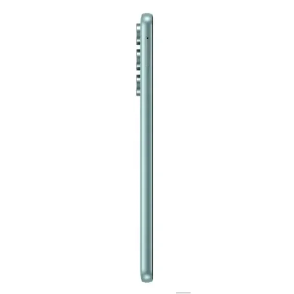 Vista lateral del Samsung Galaxy M55 5G en color verde claro mostrando su perfil delgado.