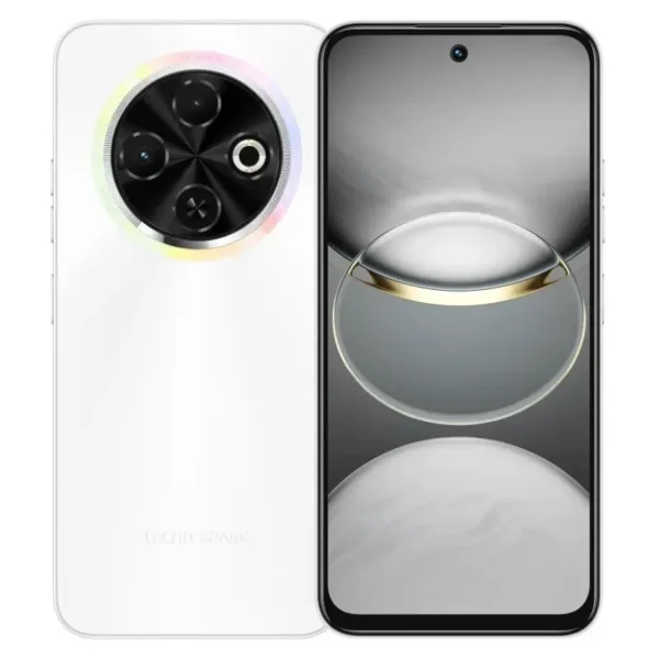 TECNO Spark 30C Mystery White vista frontal mostrando su pantalla HD+ de 120 Hz