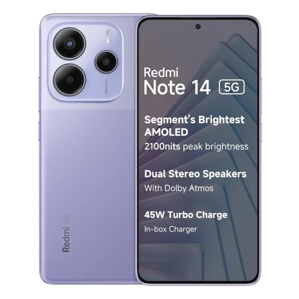 Xiaomi Redmi Note 15 5G en color Lavanda, vista frontal y trasera