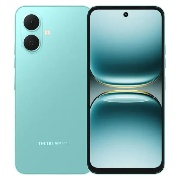 Tecno Spark Go 2 en color Verde turquesa – vista frontal y trasera