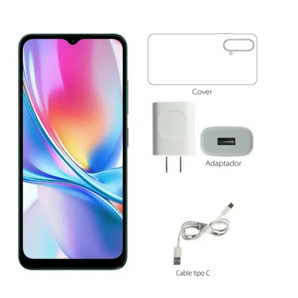 ZTE Blade A35 gris con accesorios incluidos: cargador, cable y funda